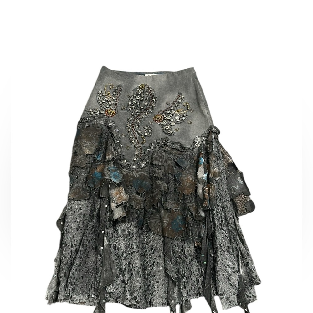 ALOHAS  denim raffle beads maxi skirt size s fairy goth witchy grunge